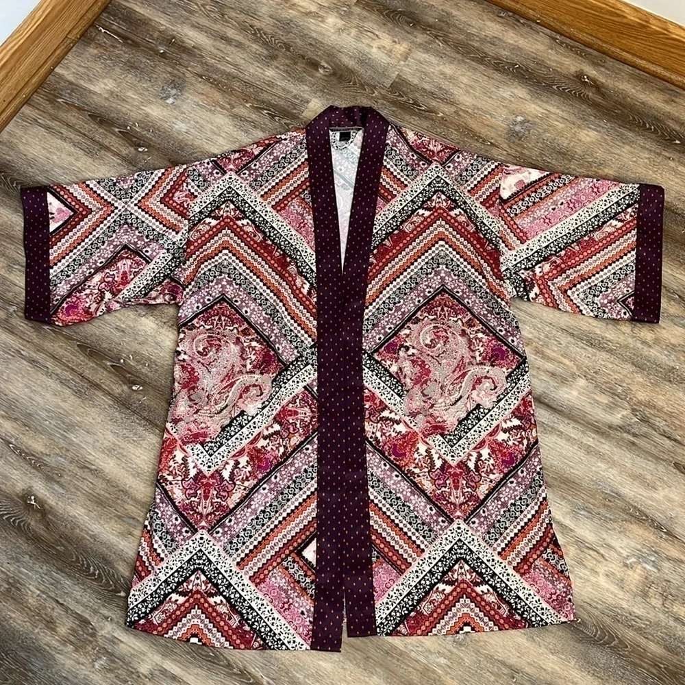 Victoria's Secret Boho Satin Kimono Bath Robe Faux Patchwork Maroon Women's XS/S